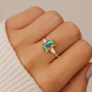 แหวนโอปอลแปดเหลี่ยมไฟสีดำโอปอลโอปอลธรรมชาติ925สเตอร์ลิงเงิน14K ชุบทองเครื่องประดับอัญมณี - Product Image 4