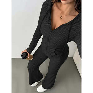 Conjunto de Dos Piezas de Blusa y Pantalón con Cierre Frontal y Mangas Largas para Mujer, 28787 - Negro - Product Image 4