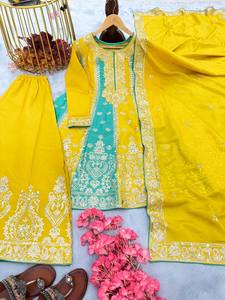 Diseñador Party Wear Look Pur Chinon Silk Top Plazzo & Dupatta Set - Product Image 4