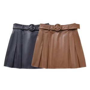 High Waist Vintage <b>Wrap</b> Style Pleat <b>Skirt</b> for Women Plus Size Comfortable Stretchable Faux Leather Casual Wear Plain Dyed - Product Image 5
