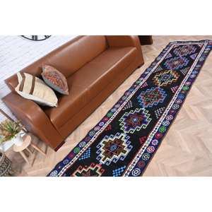 Alfombra Turca Vintage de Lana Azul Herki, 2.7x12.2 pies - Product Image 3