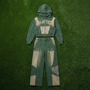 Ensemble survêtement personnalisé pour femme, vert foncé, avec sweat à capuche court zippé et pantalon de jogging large en molleton de coton, vente en gros OEM - Product Image 6
