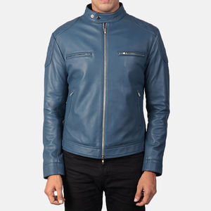 Chaqueta de cuero de color cielo de diseño personalizado estilo motorista de alta calidad 2025, ropa informal de invierno para hombre, chaqueta de cuero genuino al por mayor - Product Image 1