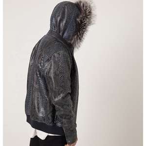 แจ็คเก็ตหนังงูหลามสำหรับผู้ชาย แจ็คเก็ตหนังลายงูหลามพร้อมฮู้ดขนสุนัขจิ้งจอก - Product Image 4