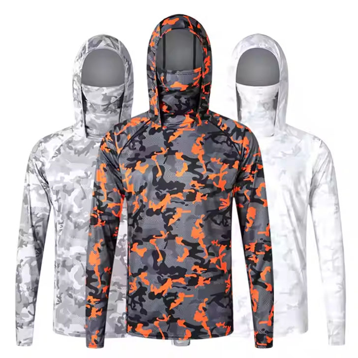 Customized Men's Long Sleeve Upf UV Fishing Shirts Quick-Dry Sun Protection Hoodie with Face Mask Camo Design