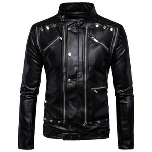 Men's Motorcycle Style Leather <b>Jacket</b> Fall Winter Long Windbreaker Outwear Button - Product Image 6