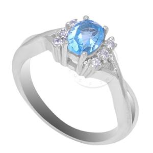Estilo de lujo Plata de Ley 925 Topacio azul ovalado y acentos de circón pavimentado Elegante anillo de diseño de vástago dividido Joyería - Product Image 1