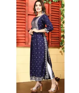 Designer Women Wear Fancy Rayon Kurtis with Foil Print and Design Indian and Pakistani Style Long Sleeve Kurtis and Salwar K