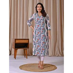 White Cotton Straight Fit Kurti Jaal <b>Block</b> <b>Printed</b> Indian Ethnic Wear for Girls Stitched Gown for Special Occasions - Product Image 3