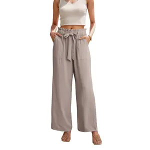 Women's <b>Light</b> Khaki High Waist Wide Leg Pants for <b>Summer</b> Lace Adjustable Knot Elastic Waist Casual Business Work Streetwear - Product Image 1