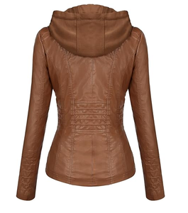 New Style Women Hooded Leather Jacket Two-piece Set Detachable Hat Leather Jacket Women's Spring and Autumn Leather Jacket OEM - Product Image 2