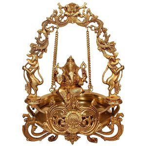Premium Quality Handmade Traditional Brass Ganesha on <b>Swing</b> Jhoola with Brass Urli for Diwali Festivities - Product Image 2