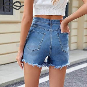 Short en jean pour femmes Short en jean extensible à taille haute tendance avec ourlet effiloché Style d'été décontracté - Product Image 5