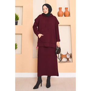Burgundy Hooded Sweater and Two-Piece Dress <b>Set</b> with Breathable Hijab Detail Elegant and Comfortable Outfit - Product Image 4