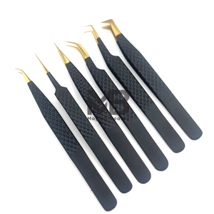 Pinzas de extensión de pestañas de acero inoxidable japonesas de marca personalizada, puntas doradas, agarre de diamante, Color negro mate, tipo de punta puntiaguda - Product Image 3