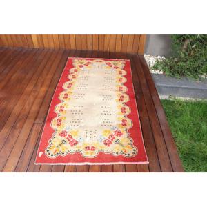 3x5.6 ft Accent Turkish Vintage Rug, <b>Red</b> Floral <b>Wool</b> Rug - Product Image 1