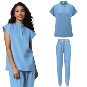 Conjuntos de uniformes, cuello levantado, manga corta, poliéster Spandex, uniforme de enfermera, ropa de trabajo de clínica de Hospital, Top con cuello en V para mujer - Product Image 5