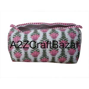 Indian Quilted Eco-Friendly Reusable Zipper Closure Cotton <b>Cosmetic</b> Case Soft Handle Large Capacity Makeup Pouch Women's Travels - Product Image 5