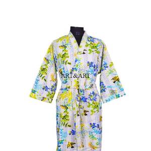 Beautiful Elegant Indian Cotton Hand Block Print Kantha Floral <b>Kimono</b> <b>Robe</b> Wrap for Women with <b>Long</b> Sleeve - Product Image 3
