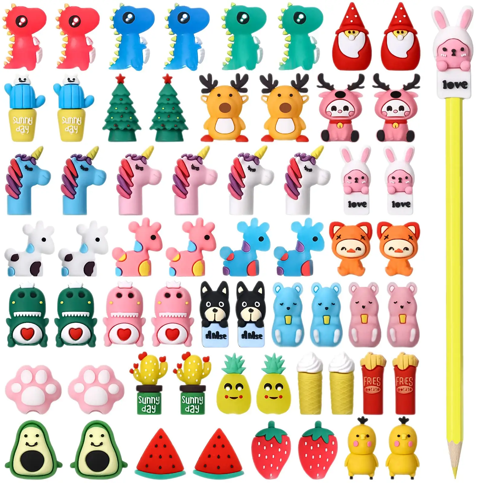 Topper Pensil Karet Silikon Lucu Kustom Dekorasi Lembut Pvc 2D 3D Kartun Hewan Figurine Pensil Topper