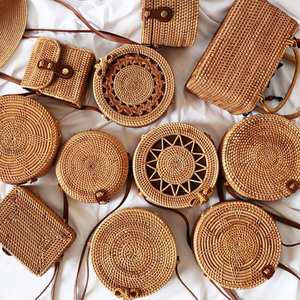 Boho Hand Weaved Round Rattan Wicker Basket <b>Bag</b> Shoulder <b>Bags</b> With <b>Straps</b> Bulk Quantity Best Sellers - Product Image 4