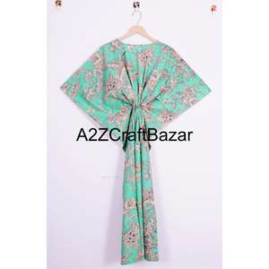 Kaftan pour femmes en coton indien imprimé à la main avec des motifs floraux Maxi Longue robe de plage Vêtement de nuit Kimono Rabe Col en V Ceinture Lavable Séchage rapide - Product Image 5