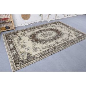 Alfombra turca vintage clásica beige marrón 5,2x8,3 pies de área grande de lana de retazos con respaldo de látex para pasillo o dormitorio - Product Image 3