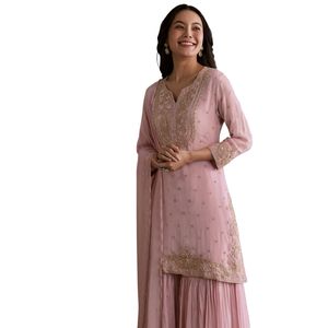 Elegante abito Sharara Chinon rosa chiaro con Dupatta ricamata Zardosi per feste Festive da donna - Product Image 2