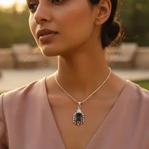 Pendentif en argent 925 avec quartz fumé pour femmes, plaqué or rose et rhodium, pierre précieuse de forme émeraude, bijoux avec charme à motif numérique - Product Image 1