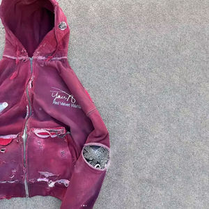 Streetwear personnalisé broderie poids lourd soleil délavé fermeture éclair lavage à l'acide sweat strass Boxy recadrée détresse sweats à capuche homme - Product Image 2
