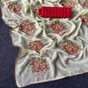 Saree in morbido georgette di raso VASTRA COTTAGE con ricami kashmiri su tutta la superficie e bellissimo bordo in pizzo con camicetta a contrasto - Product Image 5