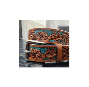 เข็มขัดหนังม้าสีน้ำตาลเทอร์ควอยซ์ลายดอกไม้สำหรับทุกเพศเข็มขัดลูกปัดหัวเข็มขัดแฟนซีออกแบบได้ตามต้องการ - Product Image 3
