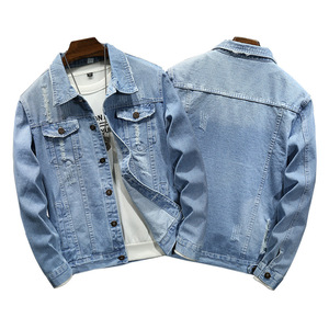 Nouvelle veste pour hommes à la mode printemps automne bleu clair coupe ajustée manteau en jean déchiré pour hommes - Product Image 1