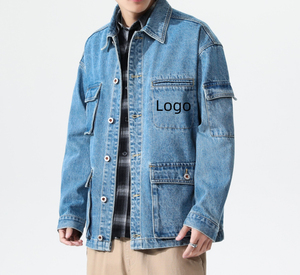 Custom Cargo Pockets Men <b>Denim</b> Jacket 100% Cotton Vintage Washed High Street Embroidery Men Zip up Plus Size <b>Denim</b> Jacket <b>Coat</b> - Product Image 3