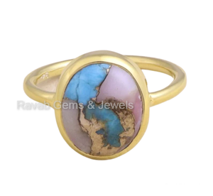 Meilleure vente Bague ovale délicate plaquée or 18 carats pour femme 10x14mm Lunette rose opale cuivre turquoise pour fêtes Bagues fines - Product Image 1