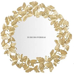 Gold Plated Unique Leaves Designer Gorgeous Look Metal <b>Framed</b> Round Shape Wall <b>Mirror</b> Home And Hotel Lobby Decoration Supplies - Product Image 2