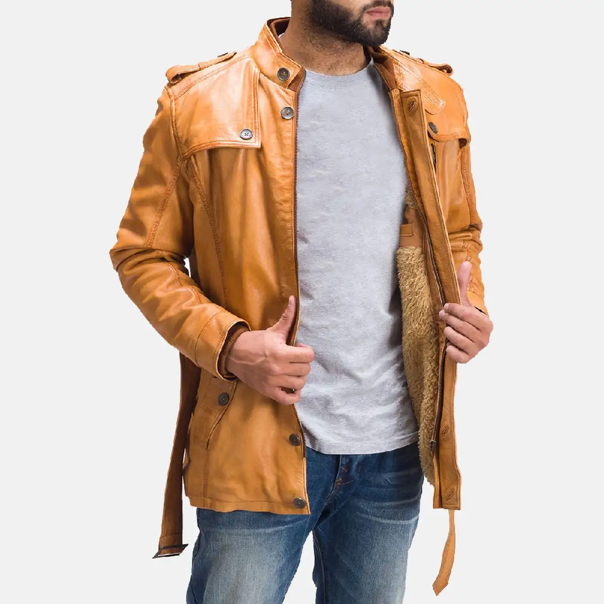 허리 벨트 커버 버튼 어깨 끈 황갈색 컬러 롱 코트 버튼 칼라 제트 재킷이있는 남성용 가죽 자켓