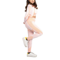 Ensemble de yoga rose deux pièces : Leggings taille haute et crop top à col rond, design color block en maille, extensible dans les quatre sens, sans coutures