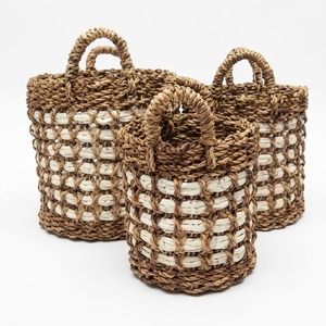 Juego de Cestas de Almacenamiento de Plástico Reciclado con Diseño de Corteza de Plátano Natural, con Rejilla Abierta, Banda Blanca y Asa en Forma de Arco, para Decoración y Arreglos Florales, Diseño Artístico Puro - Product Image 1