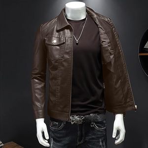 Veste en cuir pour homme en couleur marron Vestes de moto Vintage Faux cuir Outwear Casual Lightweight - Product Image 5