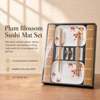 Ensemble de sushi avec tapis à sushi en bambou, assiette en céramique rouge prune et baguettes, pour 2 personnes, boîte cadeau, vente en gros, OEM personnalisé
