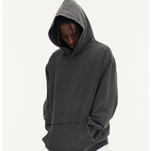 Pull-over en coton épais personnalisé imperméable sans ficelle Vintage Wash Distressed Hoodie Men Fleece Blank Acid Washed Heavyweight Winter - Product Image 5