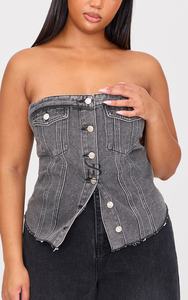 2025 nueva llegada Trending Plus lavado gris contraste costura detalle bolsillo frente corsé Bandeau Denim Top camisa de mujer - Product Image 6