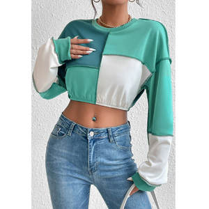 Sudadera Corta Color Block al por Mayor para Mujer, Top Informal de Manga Larga con Cuello Redondo - Product Image 1