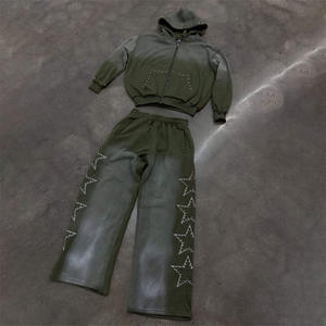 Ensemble sweat à capuche et pantalon de survêtement zippés de style personnalisé avec patch de détresse et lavage à l'acide Survêtement évasé pour hommes - Product Image 5