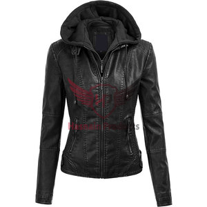 Chaqueta de cuero genuino negro para mujer, estilo motero, con cuello alto, paneles laterales acanalados, abrigo de piel de oveja, bolsillos con cremallera en la cintura, corte ajustado, estilo moderno. - Product Image 6