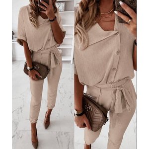Conjunto de Dos Piezas para Mujer, Blusa de Manga Corta con Cuello y Botones Delanteros y Pantalones, 34913 - Beige - Product Image 1