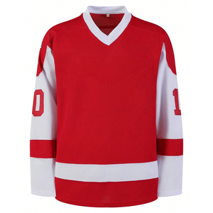 เสื้อฮ็อกกี้น้ำแข็งผ้าโพลีเอสเตอร์ระบายอากาศได้ดีเสื้อฮ็อกกี้น้ำแข็งสำหรับผู้ใหญ่สีแดงพิมพ์โลโก้แบบกำหนดเองสีขาว100% - Product Image 1