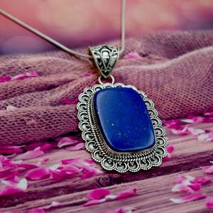 Collar con colgante de moda de Plata de Ley 925 Vintage, piedra preciosa cabujón de lapislázuli genuino azul Natural con regalo de cadena de lujo - Product Image 2