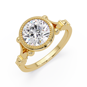 Bagues de fiançailles solitaires vintage avec diamant de laboratoire rond serti clos, certifiées IGI, en or jaune 14K, bordure milgrain, fabricant - Product Image 3